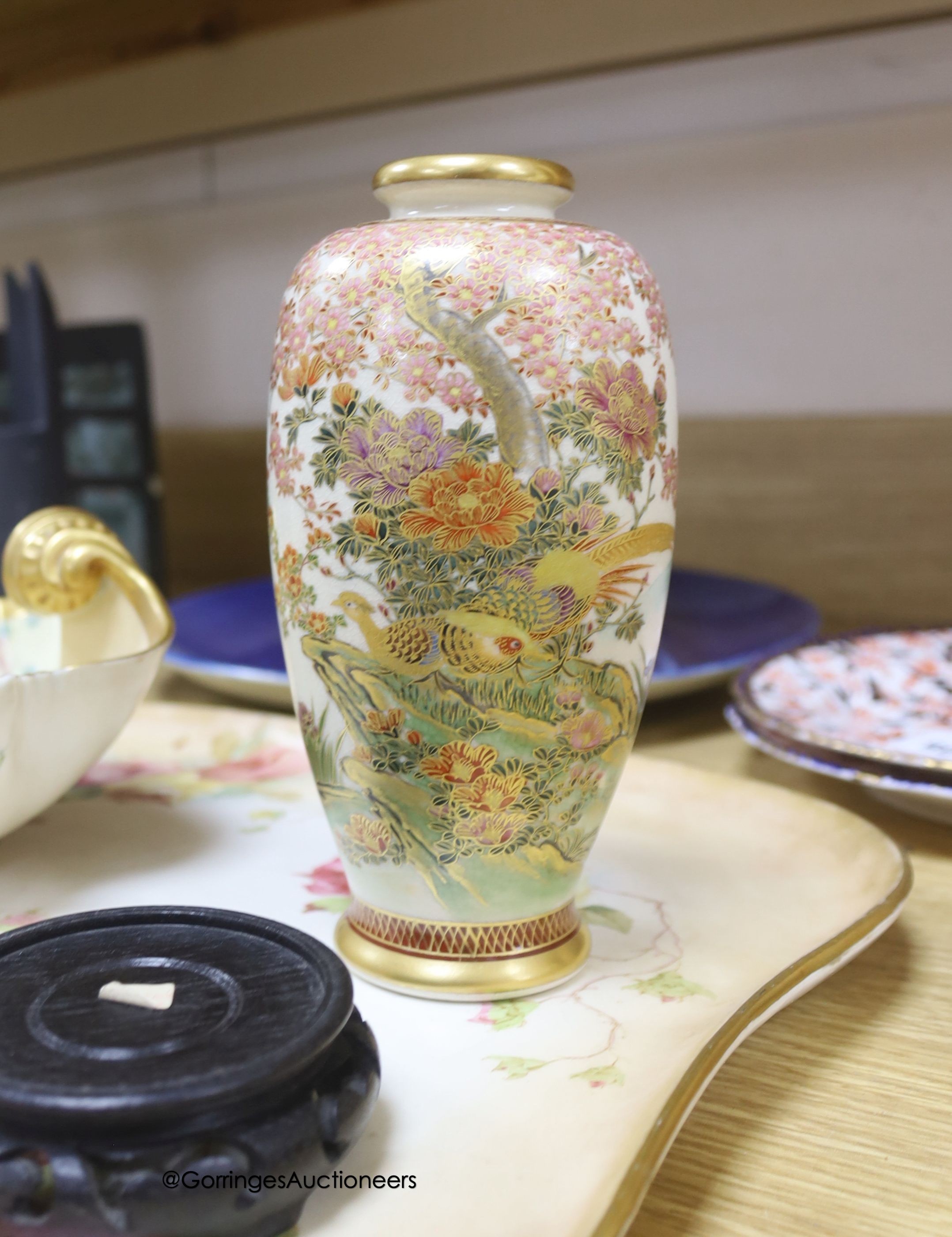 A Doulton tray, a Royal Worcester blush shell dish, 22cm, a Dutch charger and Satsuma vase and two Derby plates